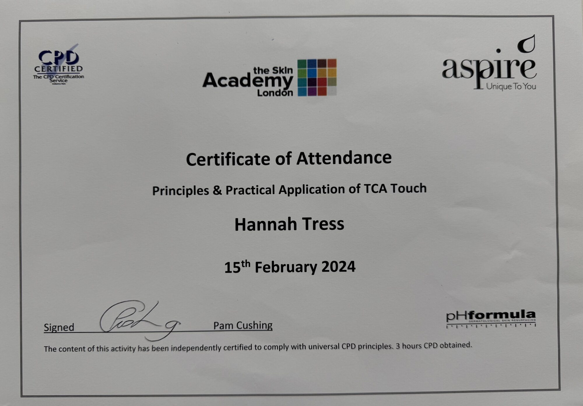 pHformula TCA Touch training certificate