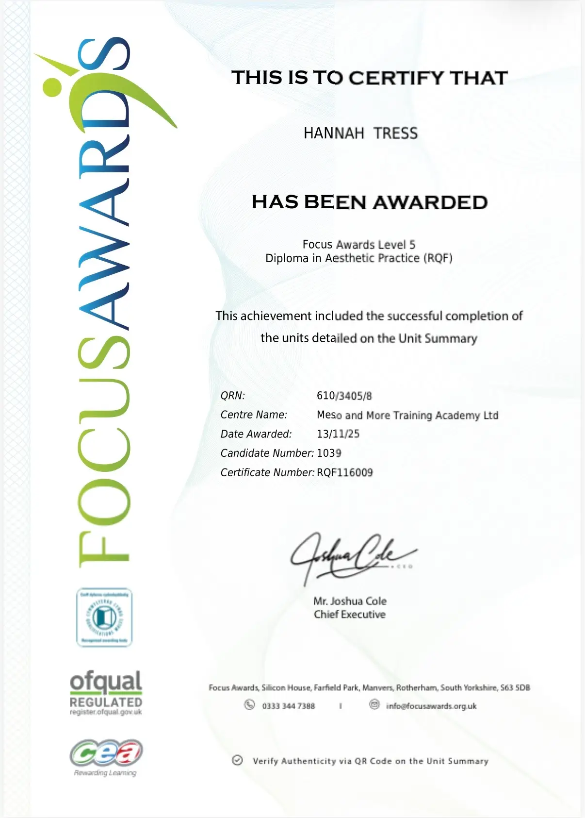 Focus Award Level 5 Diploma in Aesthetic practice (RQF) Certificate